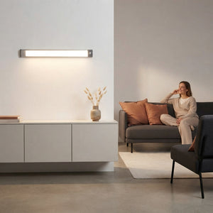 A sleek wireless motion-sensor LED light illuminating a stylish, modern living room with terracotta and charcoal decor.