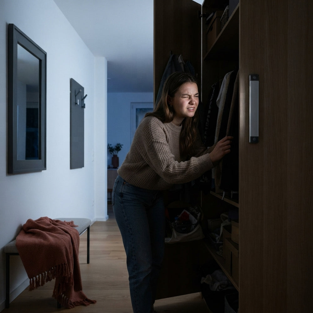 A person searching through a dark hallway closet in a modern apartment, illustrating the need for additional lighting.